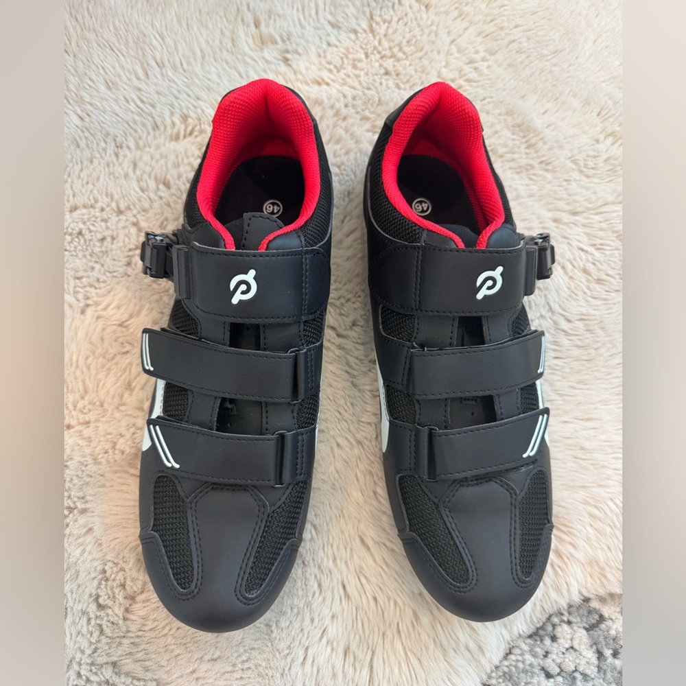Peloton Black and Red cycling shoes with Velcro Straps
